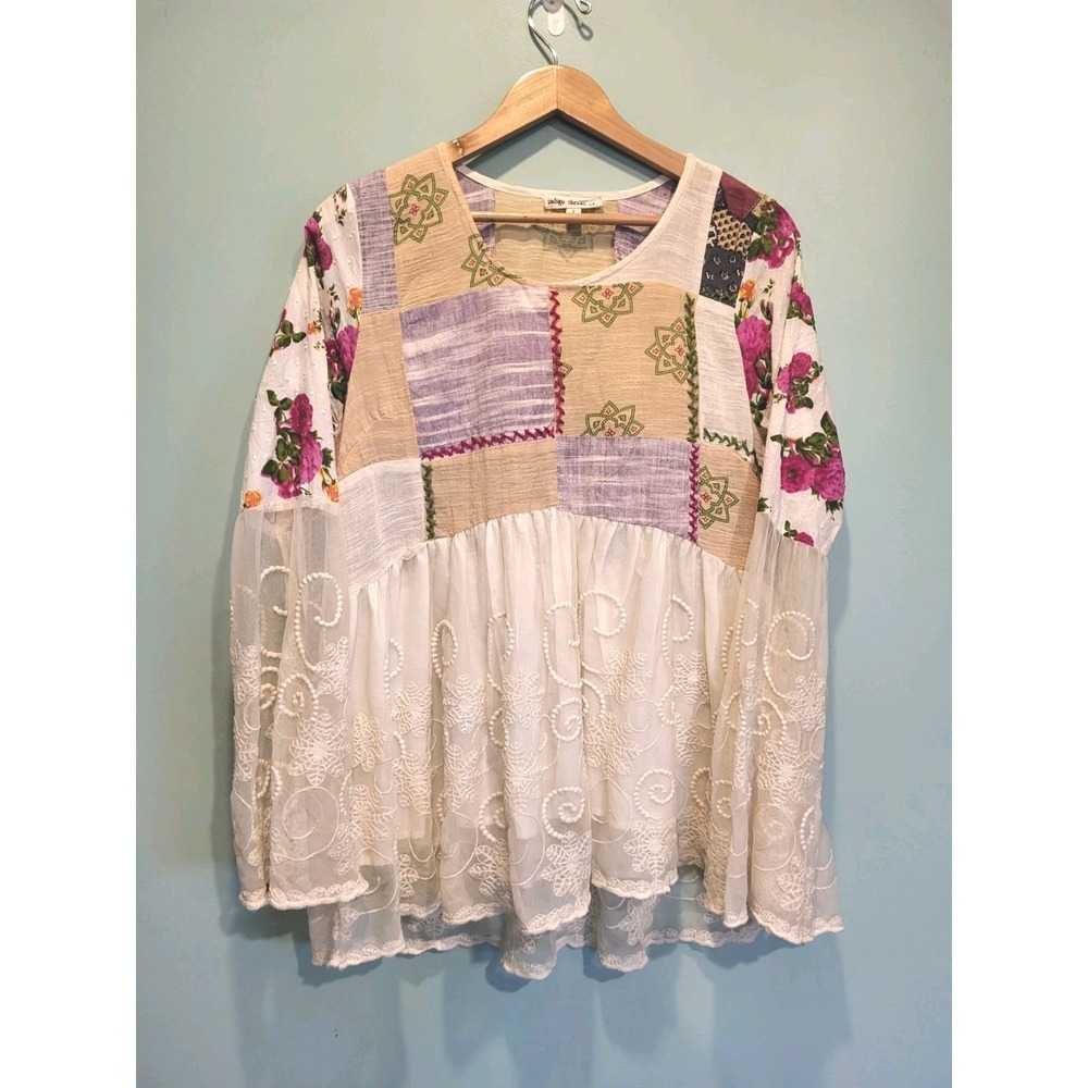 Indigo Thread Co Ivory Pink Boho Hippie Artsy Patchwork Peplum Oversized Top S